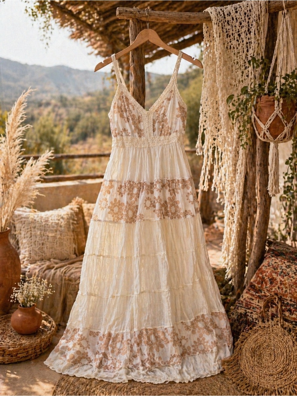 Cristinalove Cream Boho Maxi Dress with Brown Floral designs Size Medium GUC
